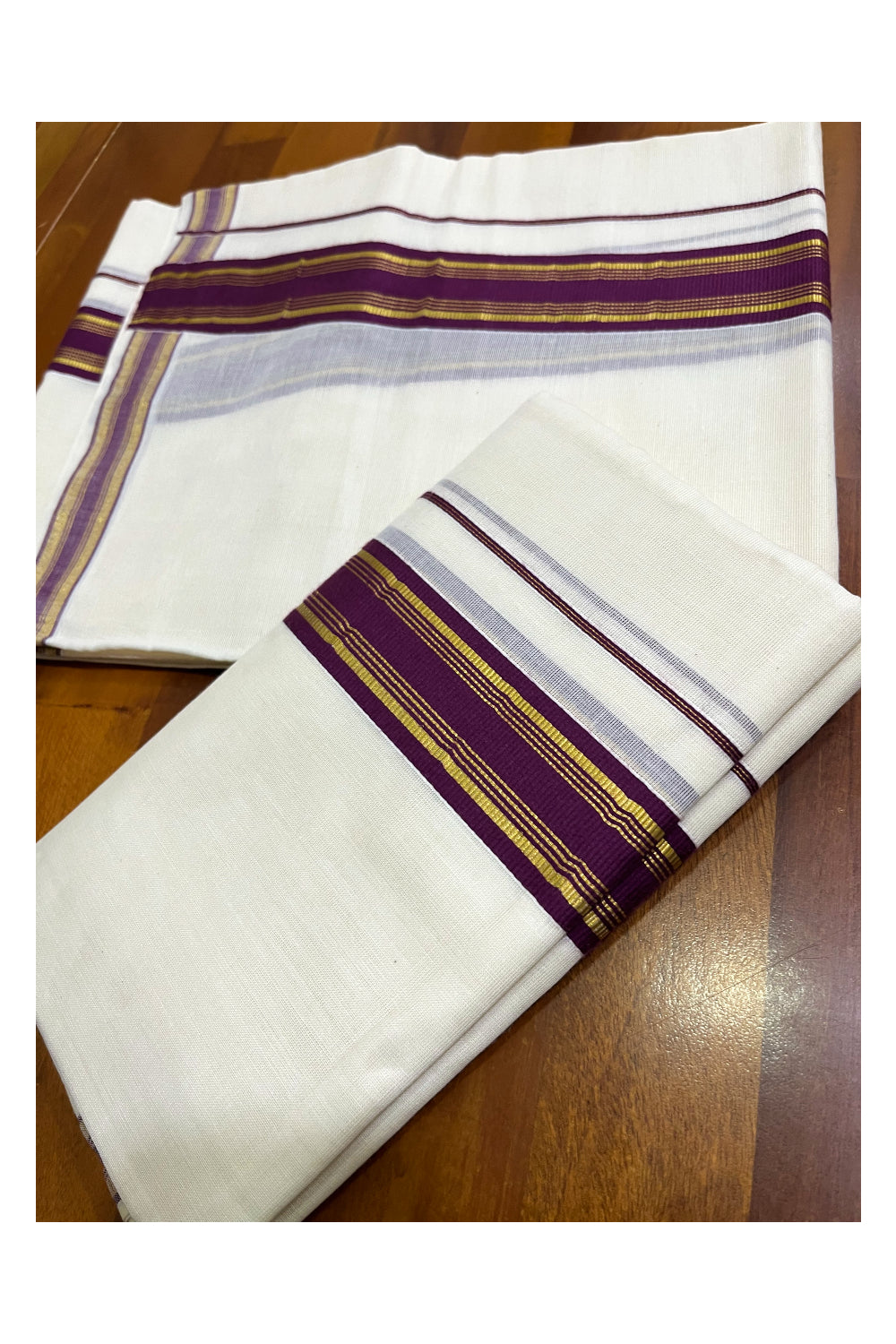 Kerala Cotton Set Mundu (Mundum Neriyathum) with Purple and Kasavu Border 2.80 Mtrs SLKK SL470