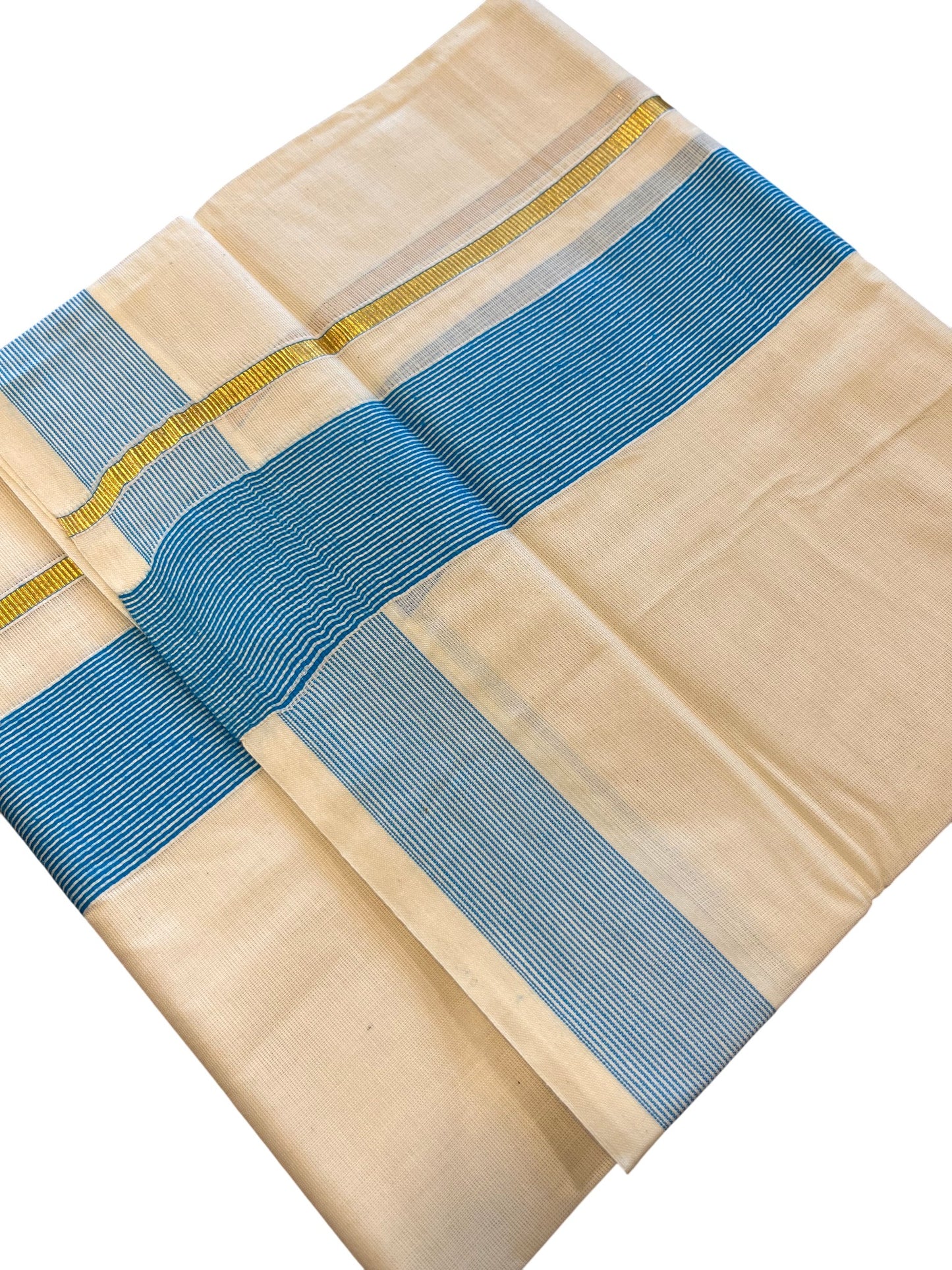 Southloom Kerala Pure Cotton Double Mundu with Gold Lines & Blue Border (South Indian Dhoti)