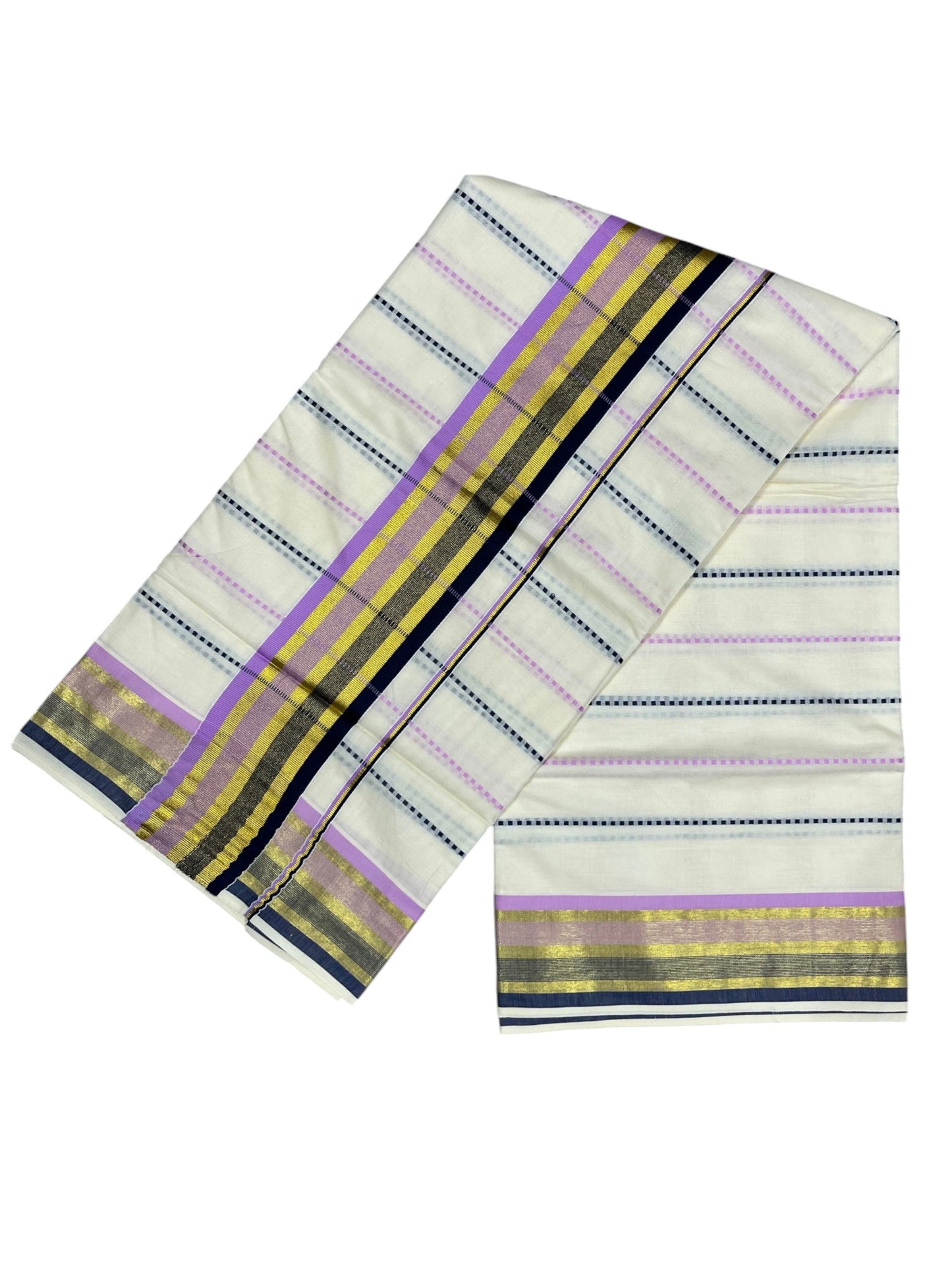 Southloom Cotton Kasavu Saree with Lavendar and Black Thread Work Across Body