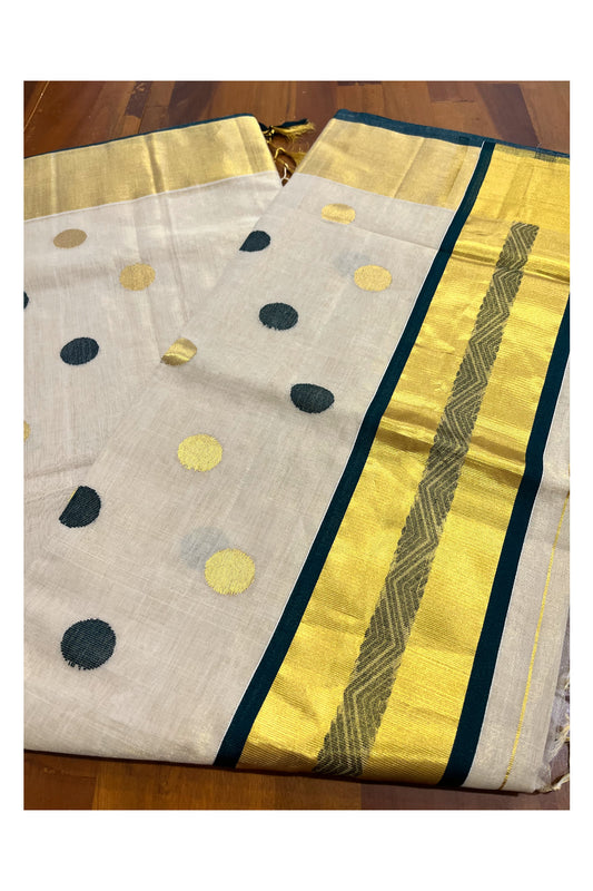 Southloom Premium Handloom Tissue Kasavu Saree with Green and Golden Polka Designs (Vishu 2024 Collection)