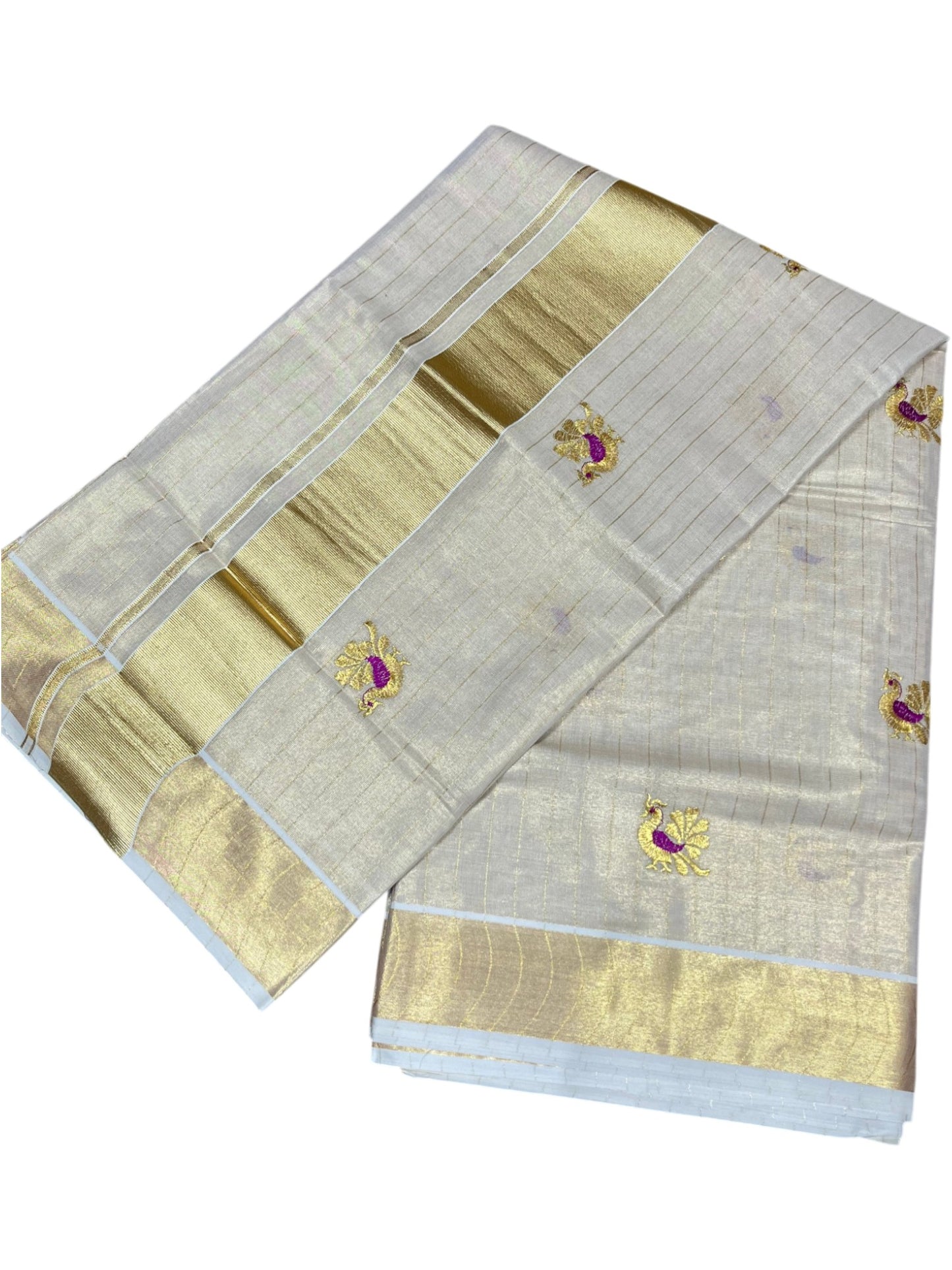 Southloom Tissue Kerala Kasavu Lines Saree with Peacock Embroidery Work on Body in Magenta
