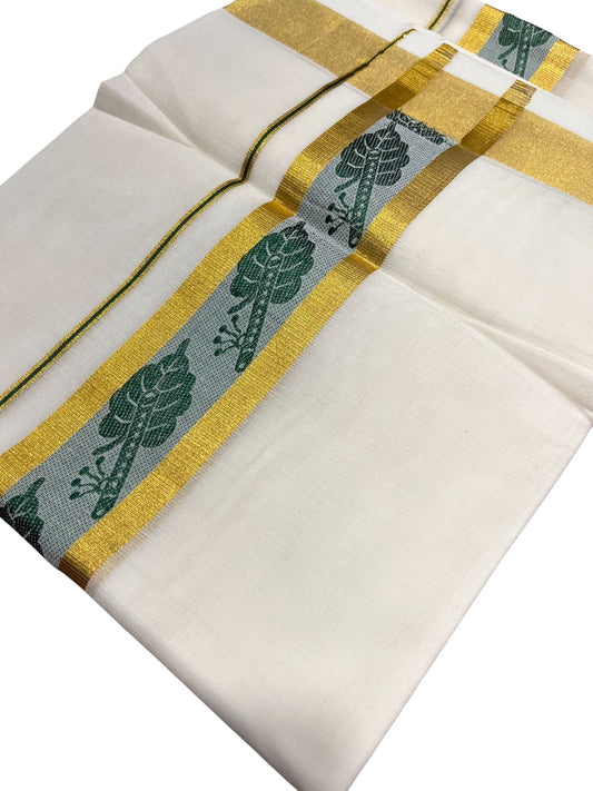 Southloom Premium Handloom Cotton Double Mundu with Gold And Green Woven Work Kasavu Border