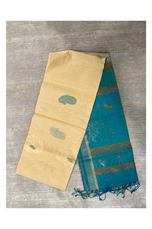 Southloom Pure Handloom Cotton Silk Saree With Handwoven Work Across Body and Blouse in Green And Beige