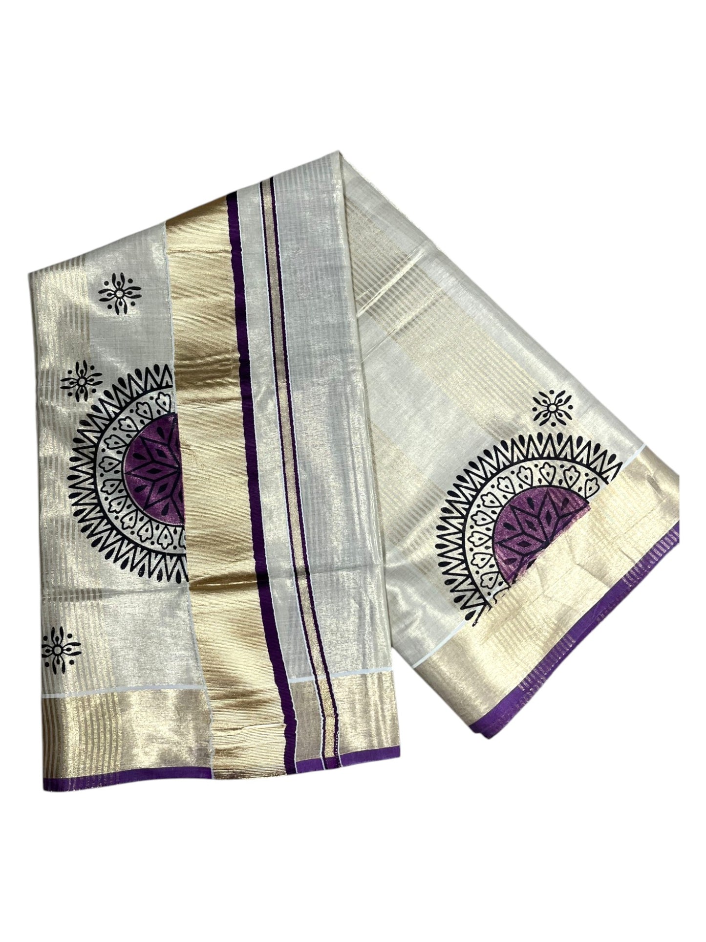 Southloom Tissue Kerala Kasavu Saree with Block Print on Body and Borders in Purple
