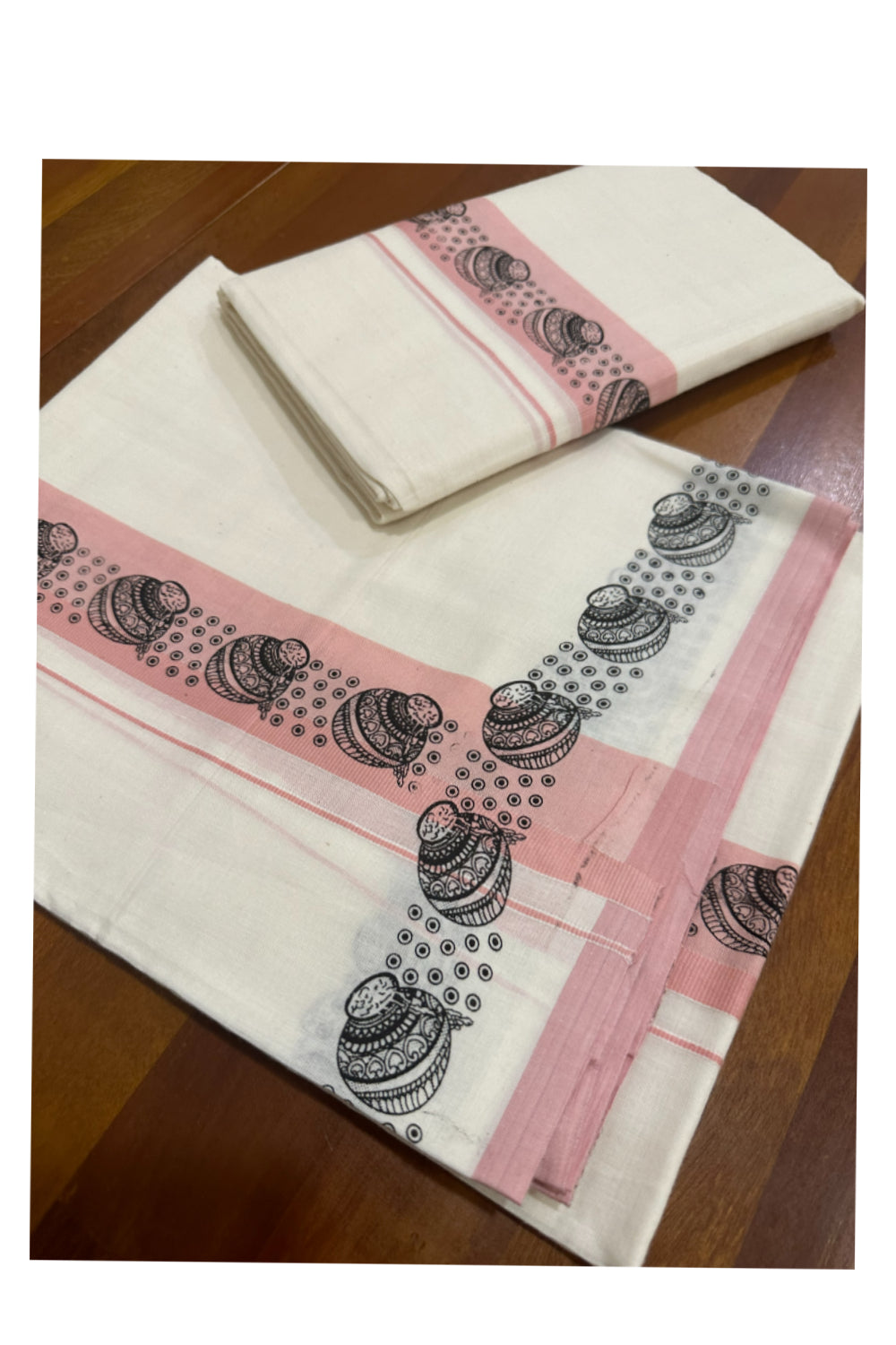 Kerala Cotton Set Mundu (Mundum Neriyathum) with Black Block Prints in Pink Border (Onam Set Mundu 2023)