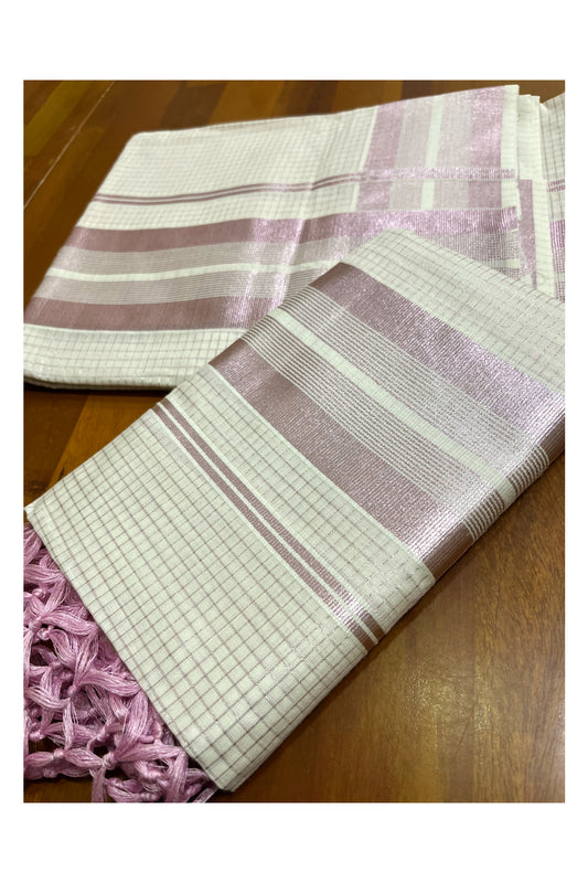 Kerala Cotton Set Mundu (Mundum Neriyathum) with Rose Copper Kasavu Checks Across Body With Tussels 2.80 Mtrs