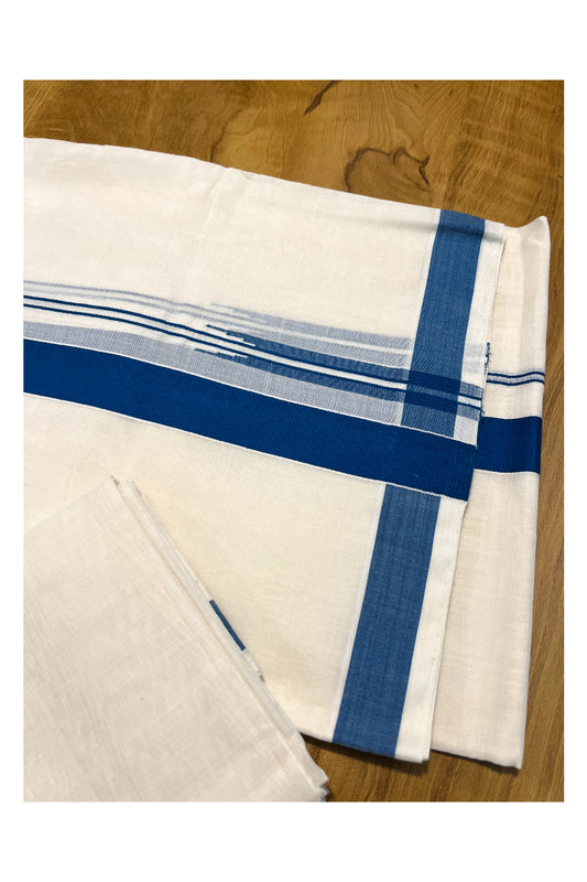 Kerala Pure Cotton Handloom Premium Mundum Neriyathum Single (Set Mundu) with 1 inch Dark Blue and Chutti Design Border