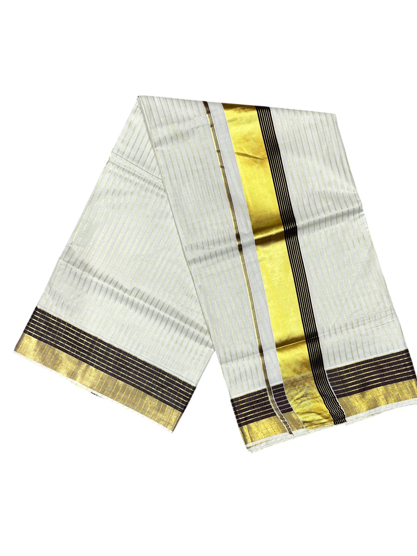 Southloom Pure Cotton Kerala Kasavu Lines Design Saree with Brown Border