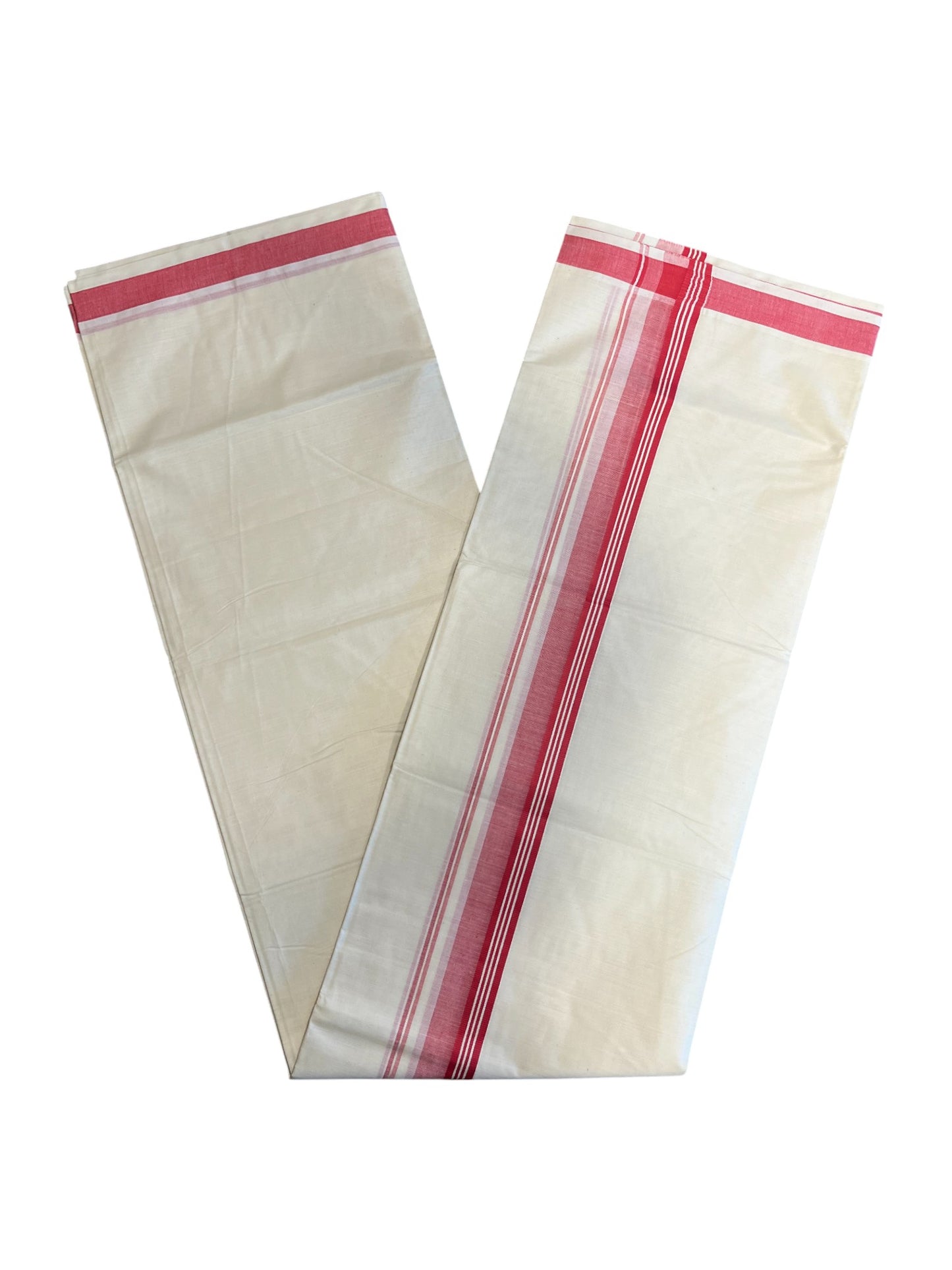 Southloom Pure Cotton  Double Mundu With White Lines & Red Border (South Indian Kerala Dhoti)