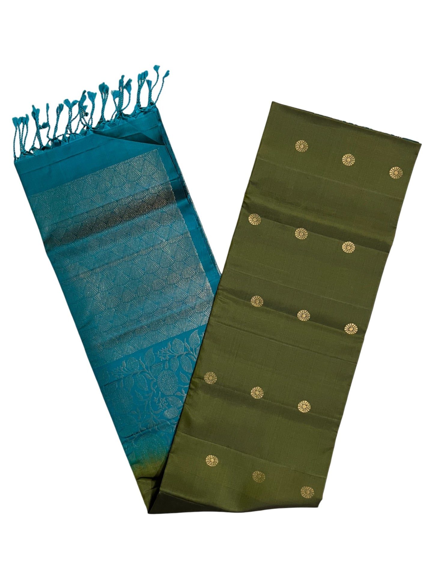 Southloom Pure Handloom Bridal Kanchipuram Silk Saree with Korvai Work (Blue & Green)