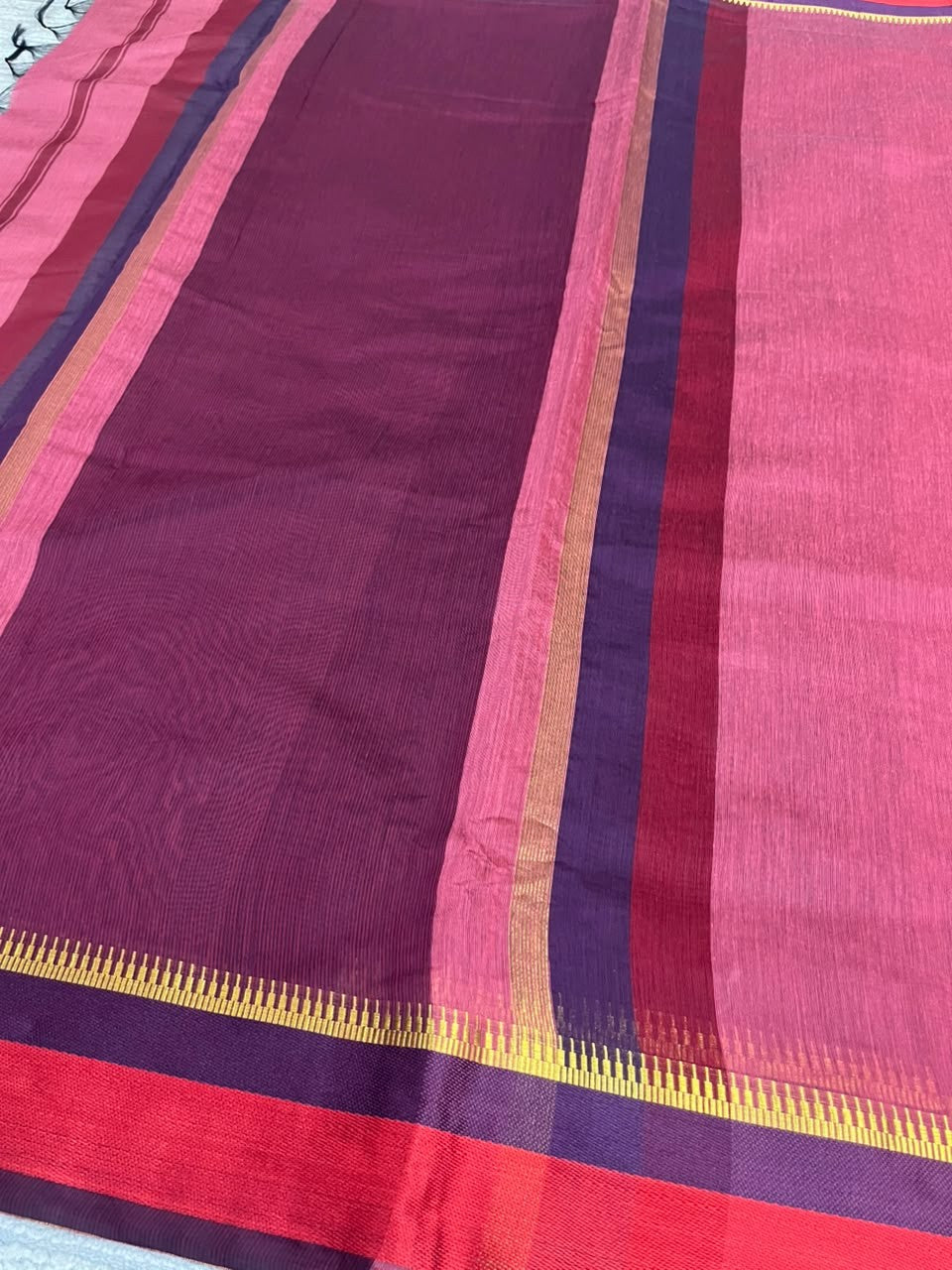 Southloom Maheshwari Cotton Saree With Temple Design on the Body and Borders In Maroon And Voilet SL471