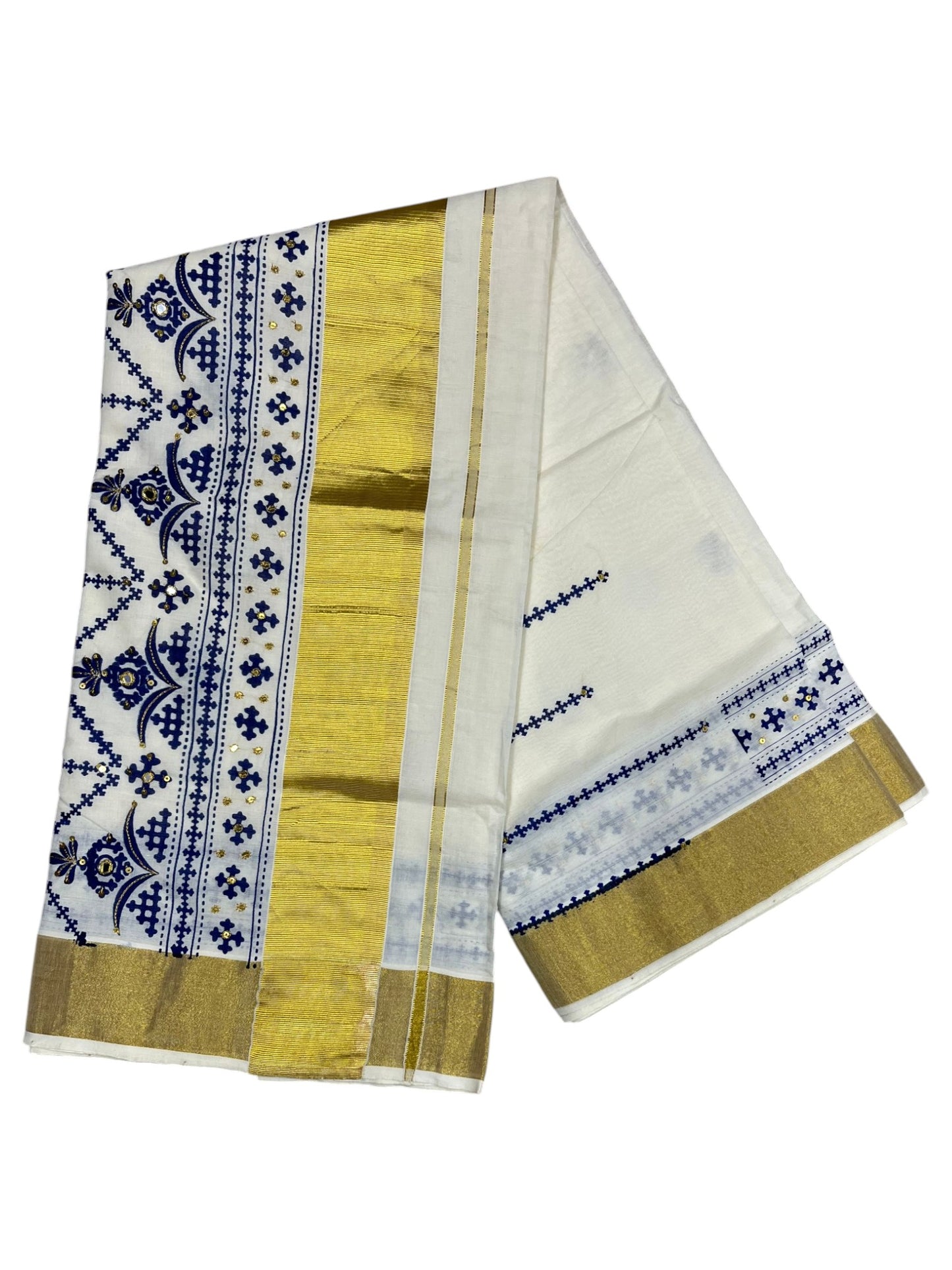 Southloom Pure Cotton Kerala Kasavu Saree with Blue Embroidery Designs