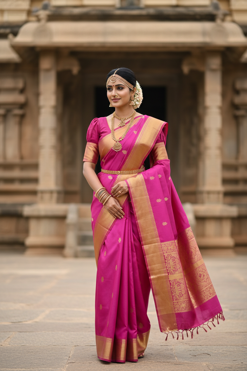 Southloom Premium Bridal Handloom Kanchipuram Silk Saree With Pallakku Design & Butta Works (Pink)