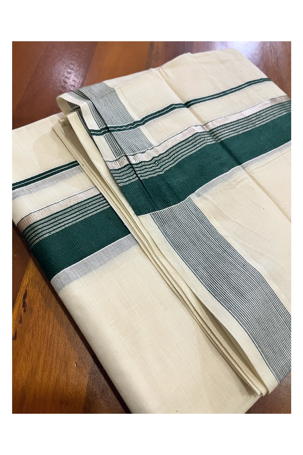 Off White Kerala Cotton Double Mundu with Silver Kasavu and Dark Green Border (South Indian Kerala Dhoti)