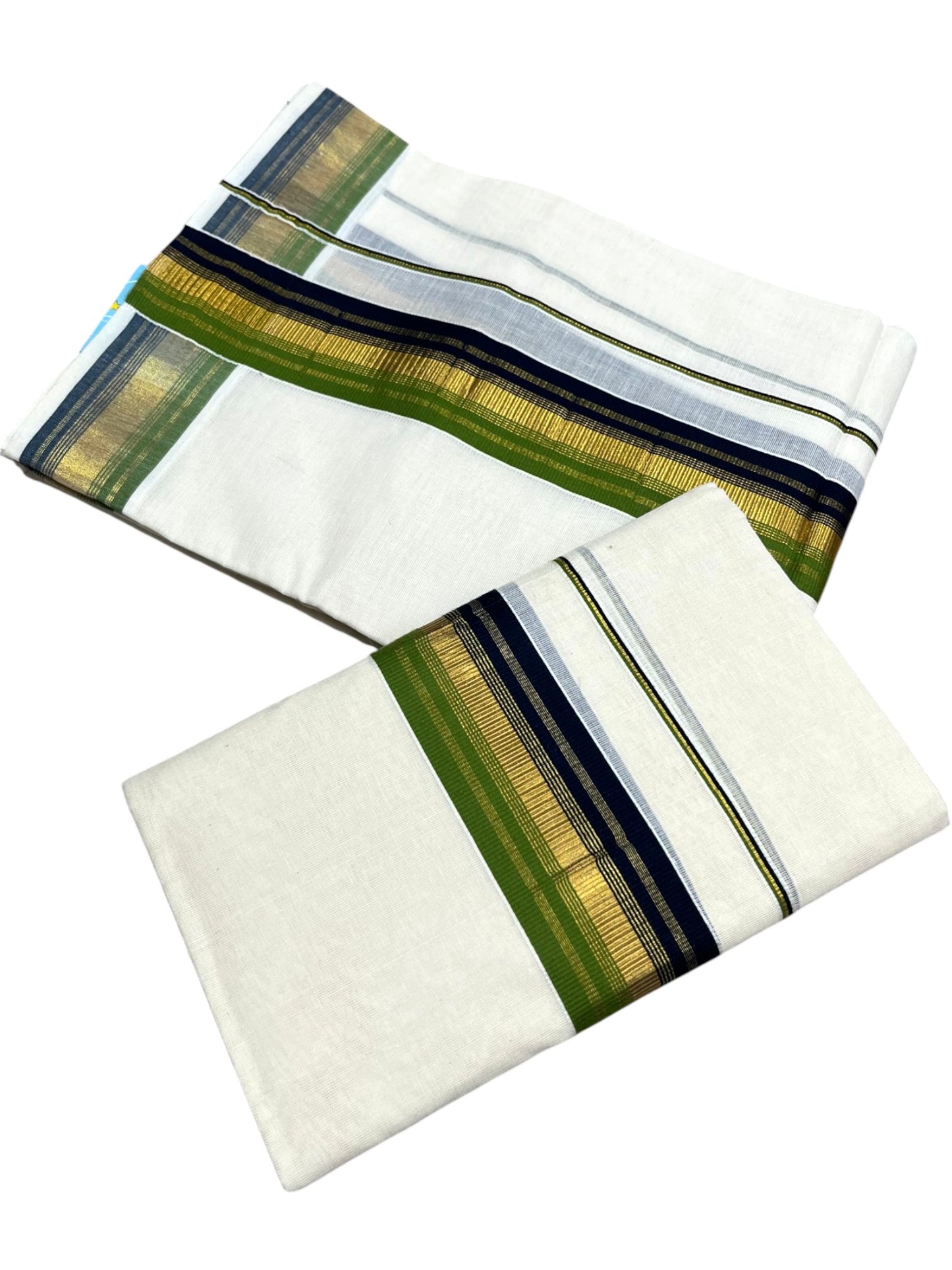 Southloom Kerala Cotton Kasavu Single Set Mundu (Mundum Neriyathum) with Blue and Olive Green Kasavu Border SLKK SL480
