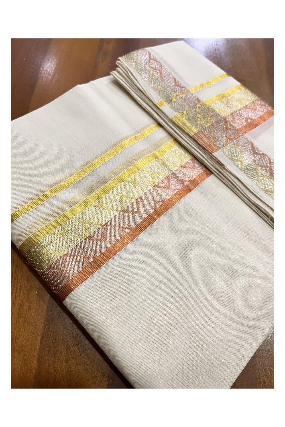 Southloom Super Premium Balaramapuram Unakkupaavu Handloom Double Wedding Mundu with Copper and Golden Kasavu Border (Vishu 2024 Collection)