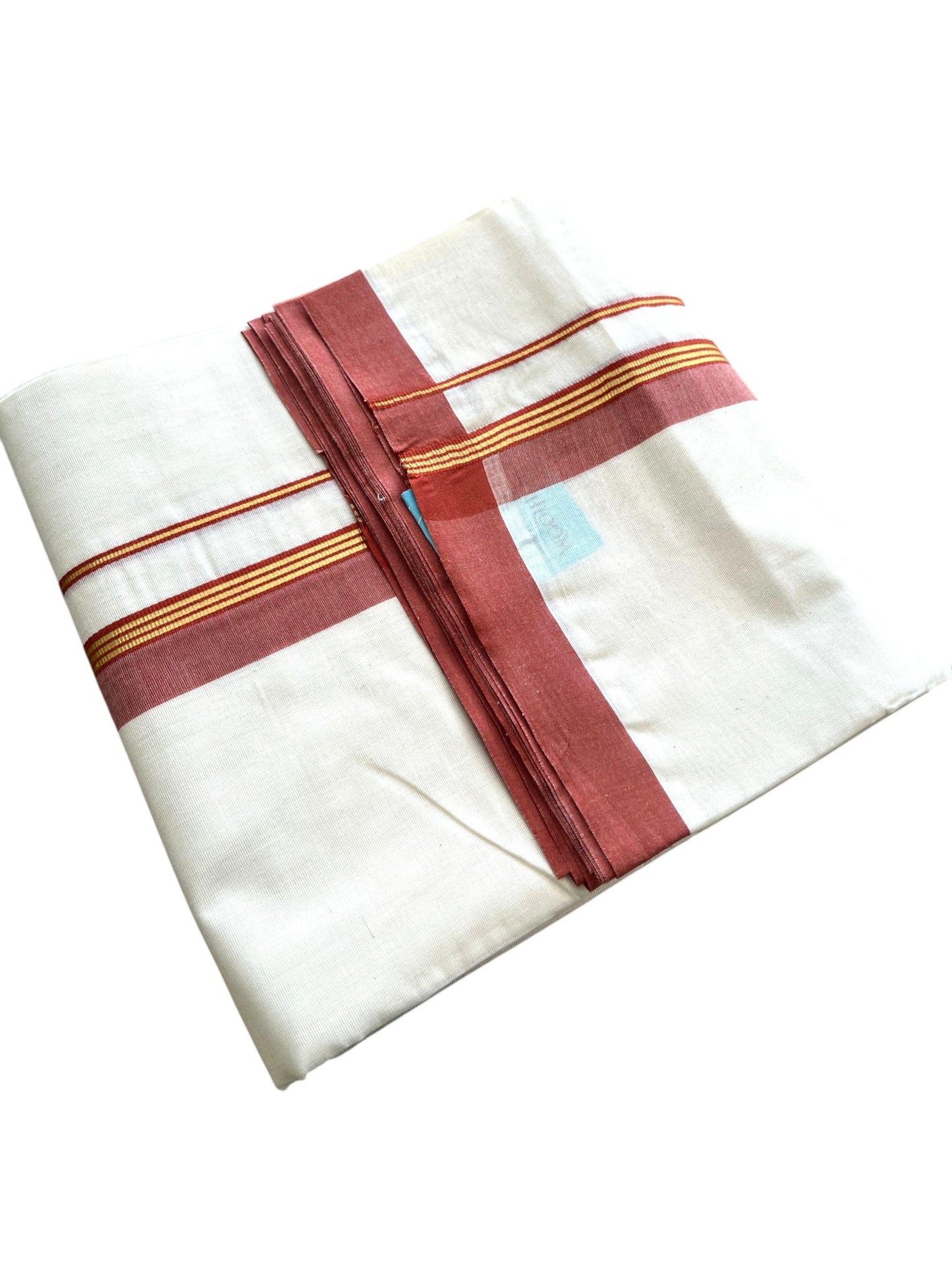 Southloom Pure Cotton Mundu with Golden Lines and Red Border (South Indian Kerala Dhoti)