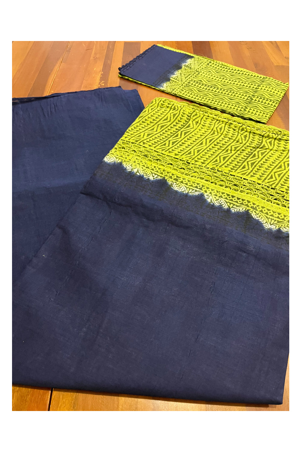 Southloom Pure Cotton Dark Blue Saree with Green Crochet Woven Designs