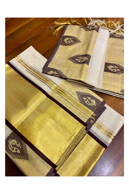 Southloom Handloom Premium Tissue Kasavu Set Mundu With Brown Peacock Woven Patterns (Mundum Neriyathum) 2.70 Mtrs