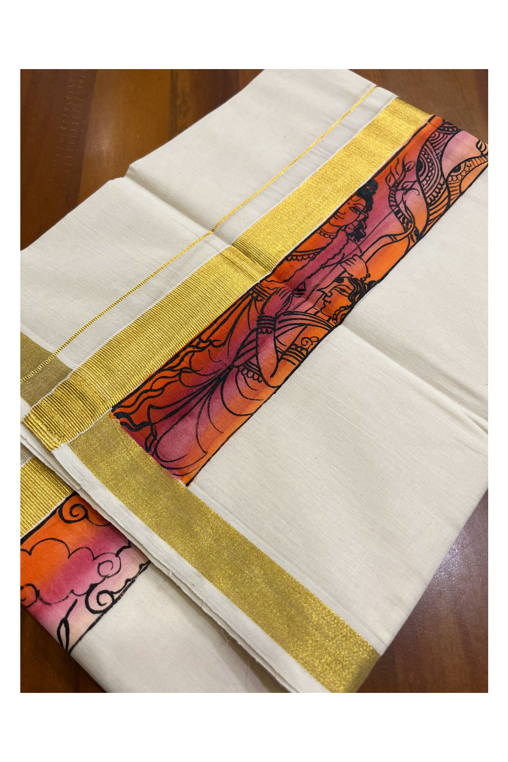 Kerala Pure Cotton Double Mundu with Mural Hand Painted Design on Kasavu Border (South Indian Kerala Dhoti)