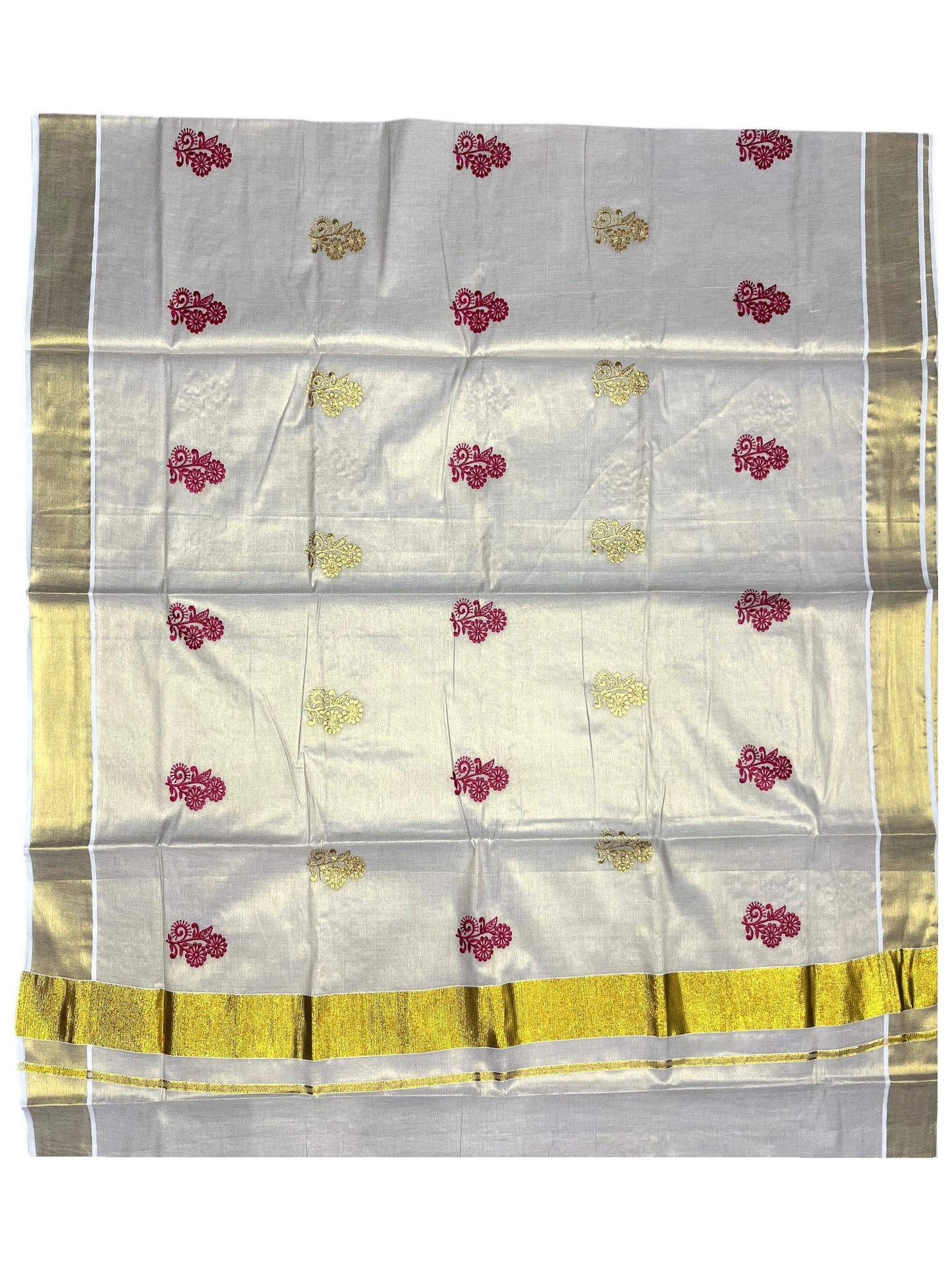 Southloom Kerala Tissue Kasavu Saree with Gold And Red Floral Embroidery Work on Body