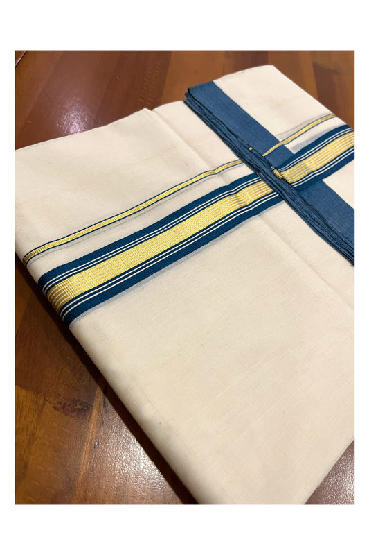 Southloom Premium Balaramapuram Unakkupaavu Handloom Mundu with Teal Blue and Kasavu Border (South Indian Kerala Dhoti)