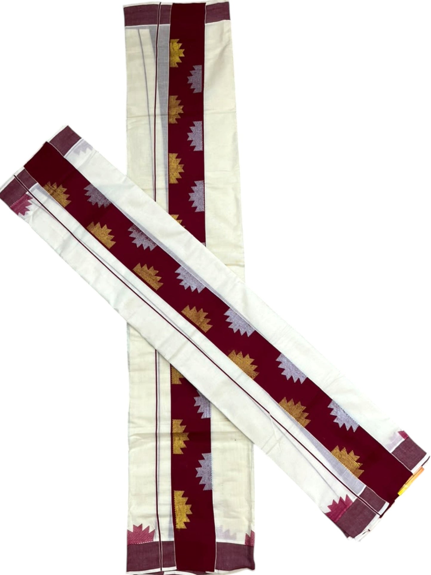 Southloom Pure Cotton Single Set Mundu (Mundum Neriyathum) Temple Design & Maroon Border