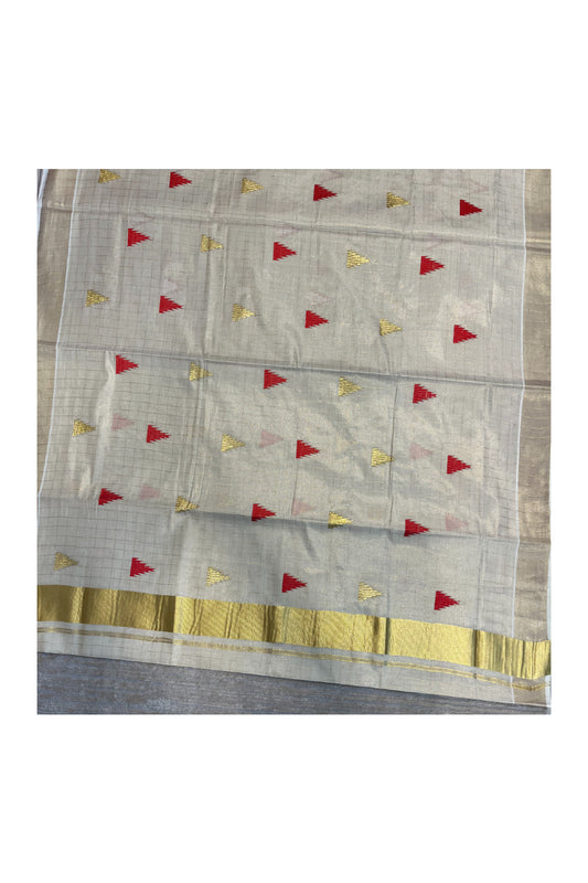 Southloom Kerala Tissue Kasavu Check Saree with Red Temple Embroidery Works