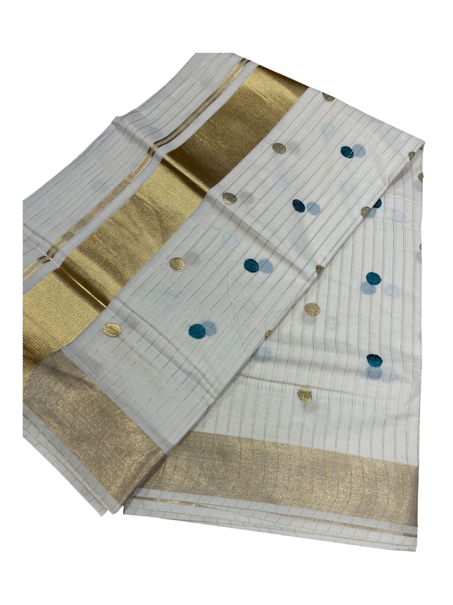 Southloom Kerala Pure Cotton Saree with Gold&Blue Polka Embroidery Works on Body