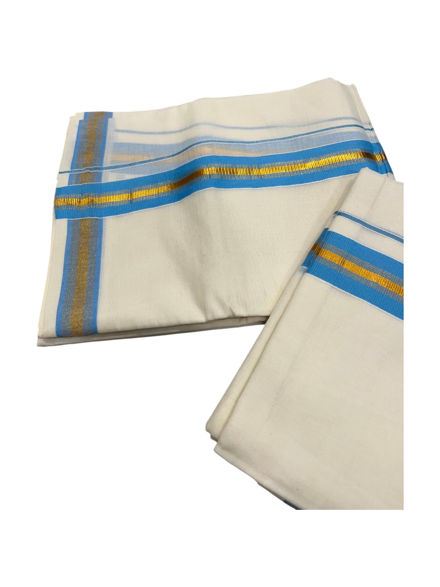 Southloom Kerala Cotton  Single Set Mundu (Mundum Neriyathum) with Kasavu and Blue Border