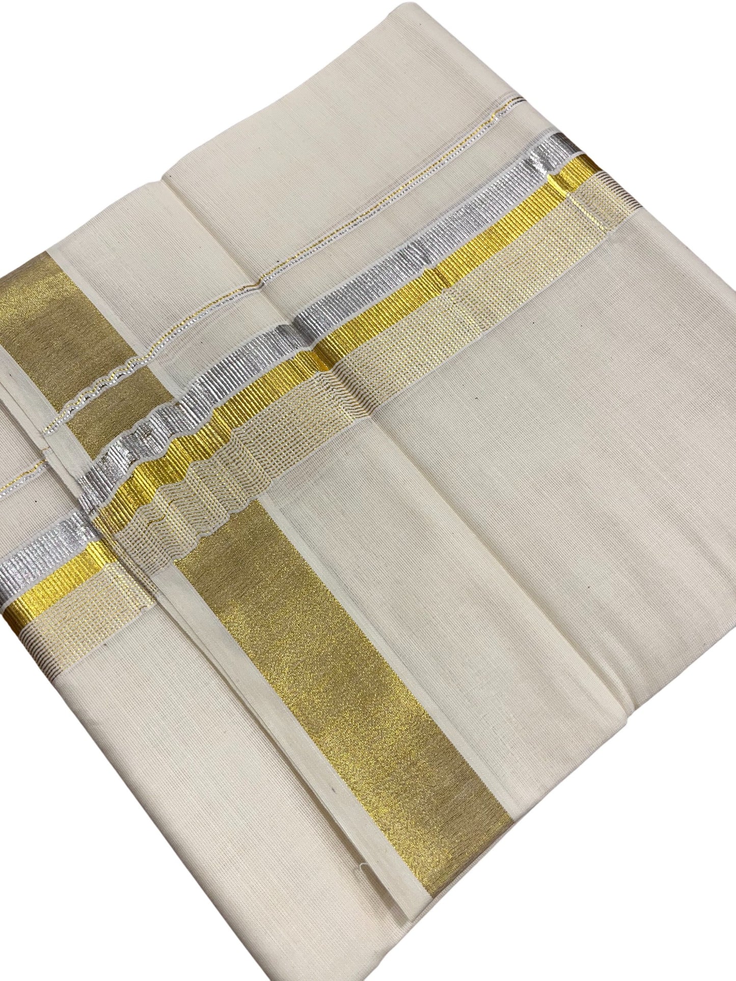 Southloom Kerala Pure Cotton Double Mundu with Silver Lines and Gold Border (South Indian Dhoti)