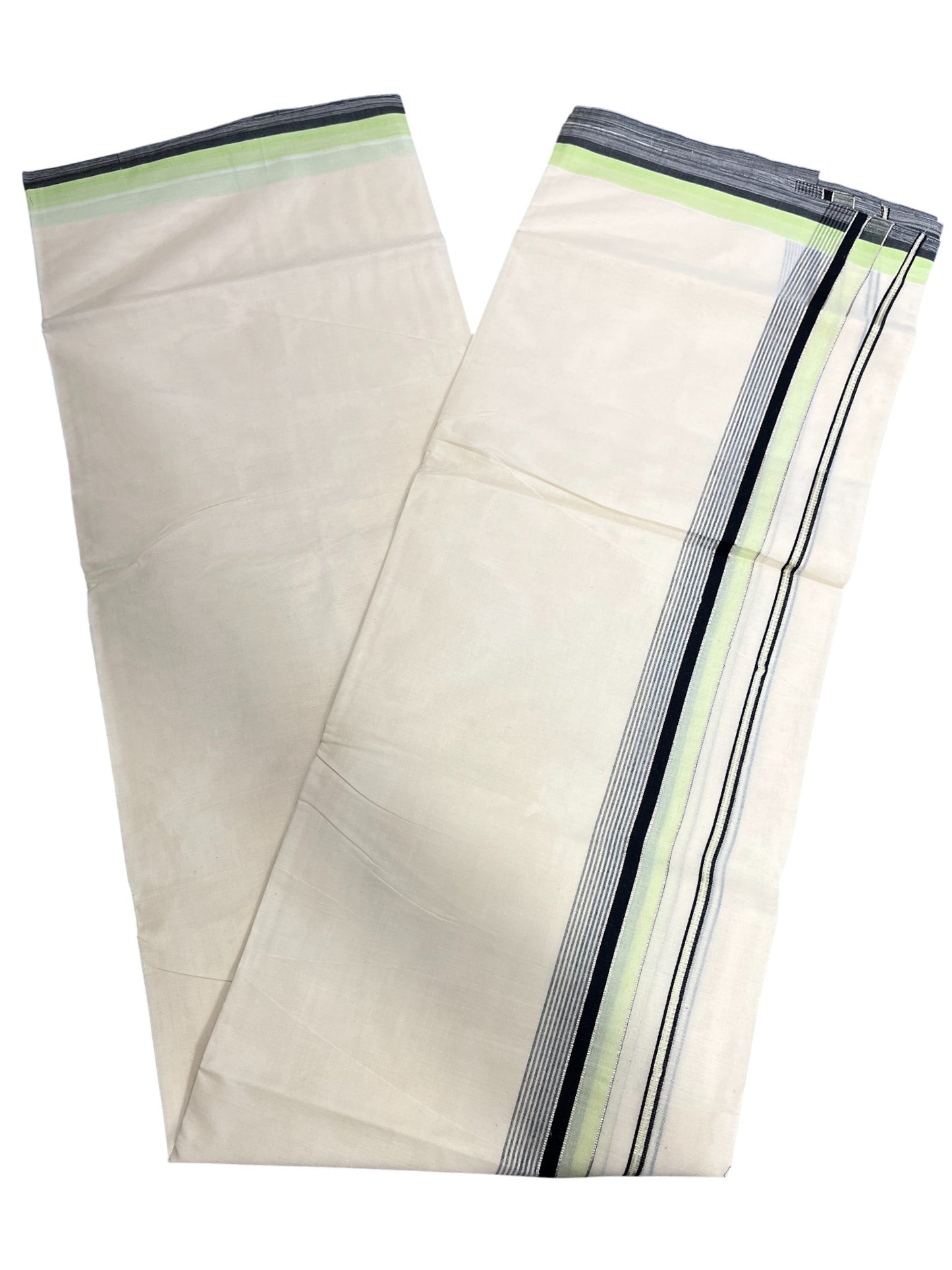 Southloom Kerala Pure Cotton Double Mundu with Green & Black Border (South Indian Dhoti)