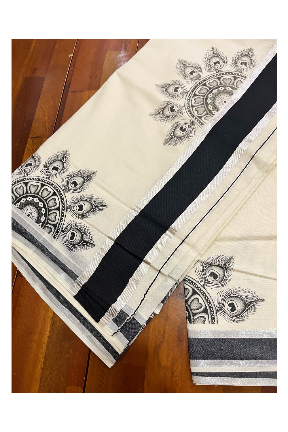 Pure Cotton Kerala Block Semi Circle Feather Design Printed Saree with Black and Silver Kasavu Border