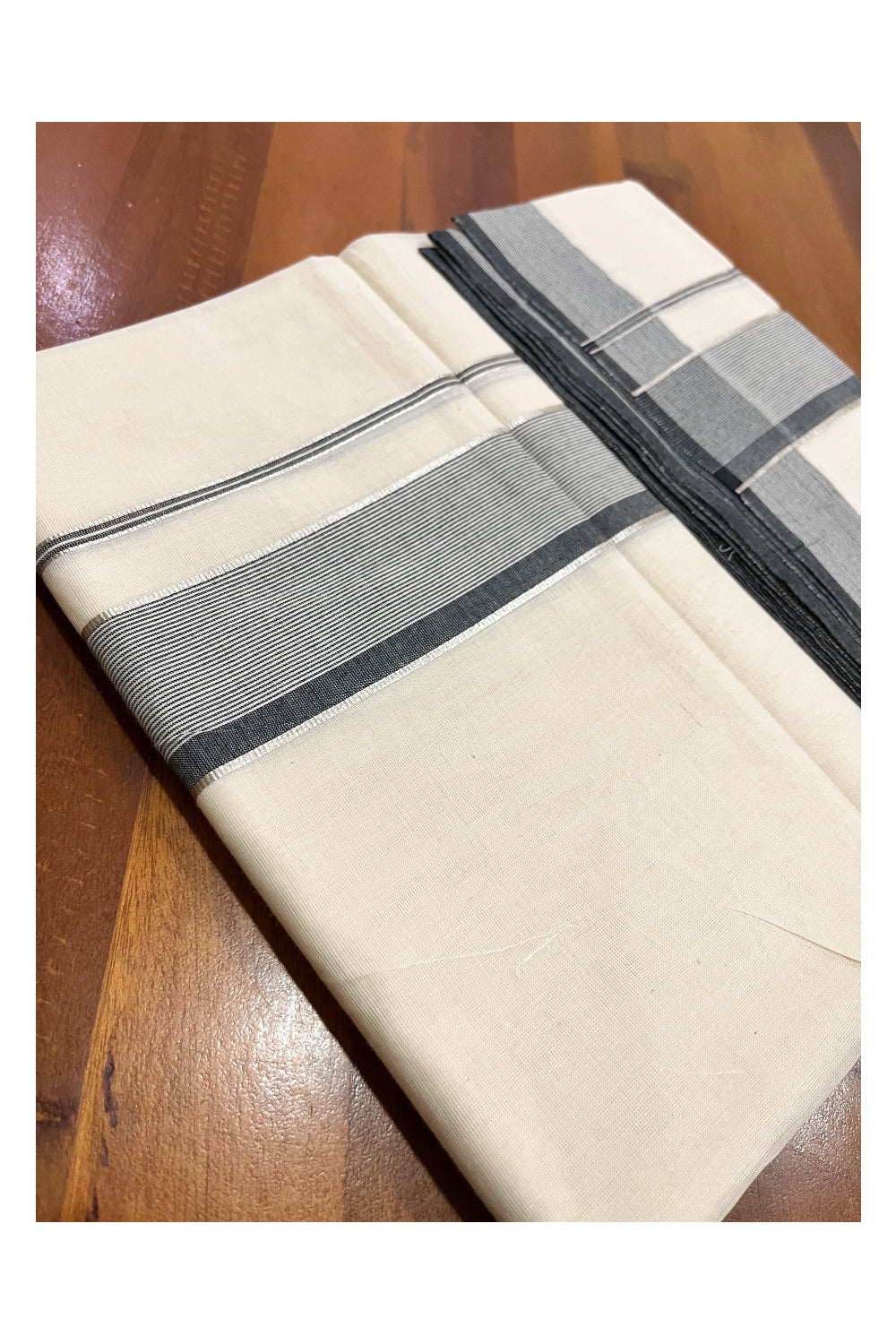 Pure Cotton 100x100 Double Mundu with Silver Kasavu and Black Line Border (South Indian Kerala Dhoti)