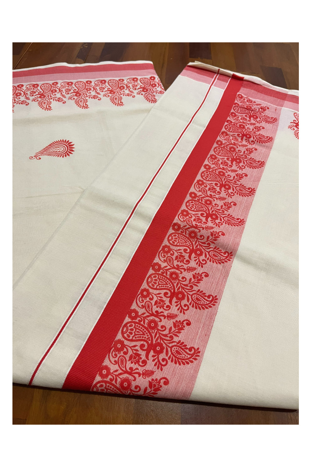 Pure Cotton Off White Kerala Saree with Orange Paisley Block Printed Border (Onam Saree 2023)