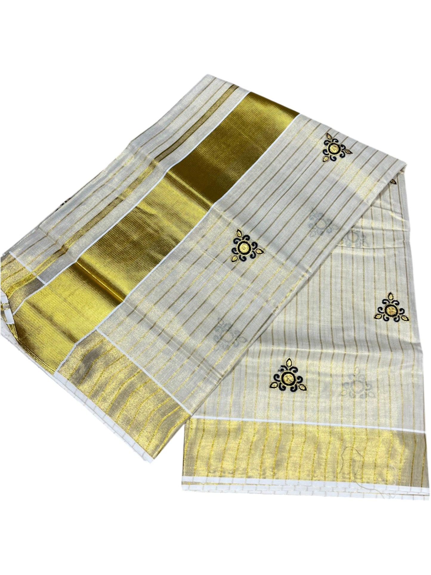 Southloom Tissue Kerala Kasavu Stripes Saree with Floral Embroidery Design in Black SL363