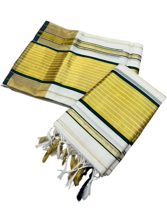 Southloom Premium Cotton Handloom Set Mundu with Chuttikara Kasavu With Green And Golden Border (2.80 Mtr) SL617