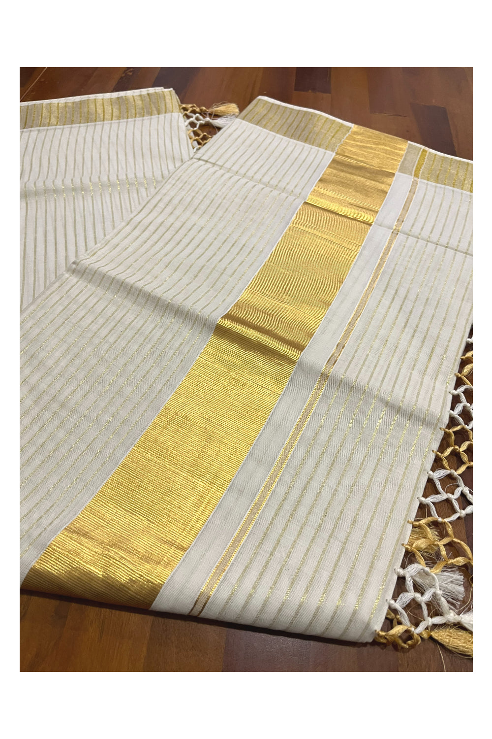 Pure Cotton Kerala Kasavu Lines Design Saree with Tassels Work (Onam Saree 2023)