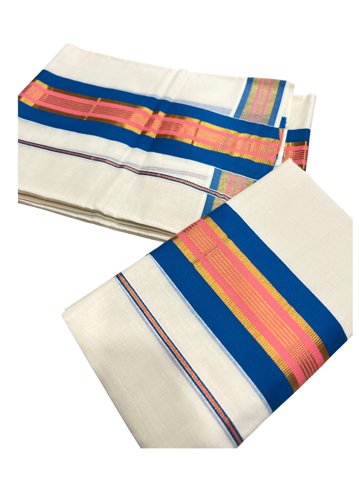 Kerala Cotton Kasavu Set Mundu (Mundum Neriyathum) with Blue and Pink Border
