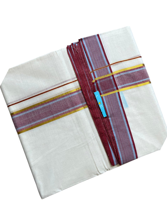 Southloom Pure Cotton Mundu with Golden Lines and Maroon Border (South Indian Kerala Dhoti)