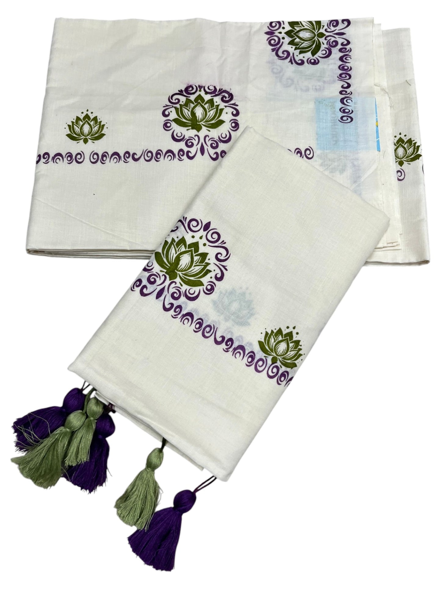 Southloom Kerala Cotton Single Set Mundu (Mundum Neriyathum) with Peach &Voilet Lotus Block Printed Design