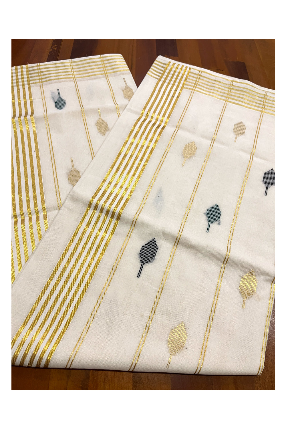 Southloom Premium Handloom Cotton Kerala Saree with Green Golden and Black Butta Works