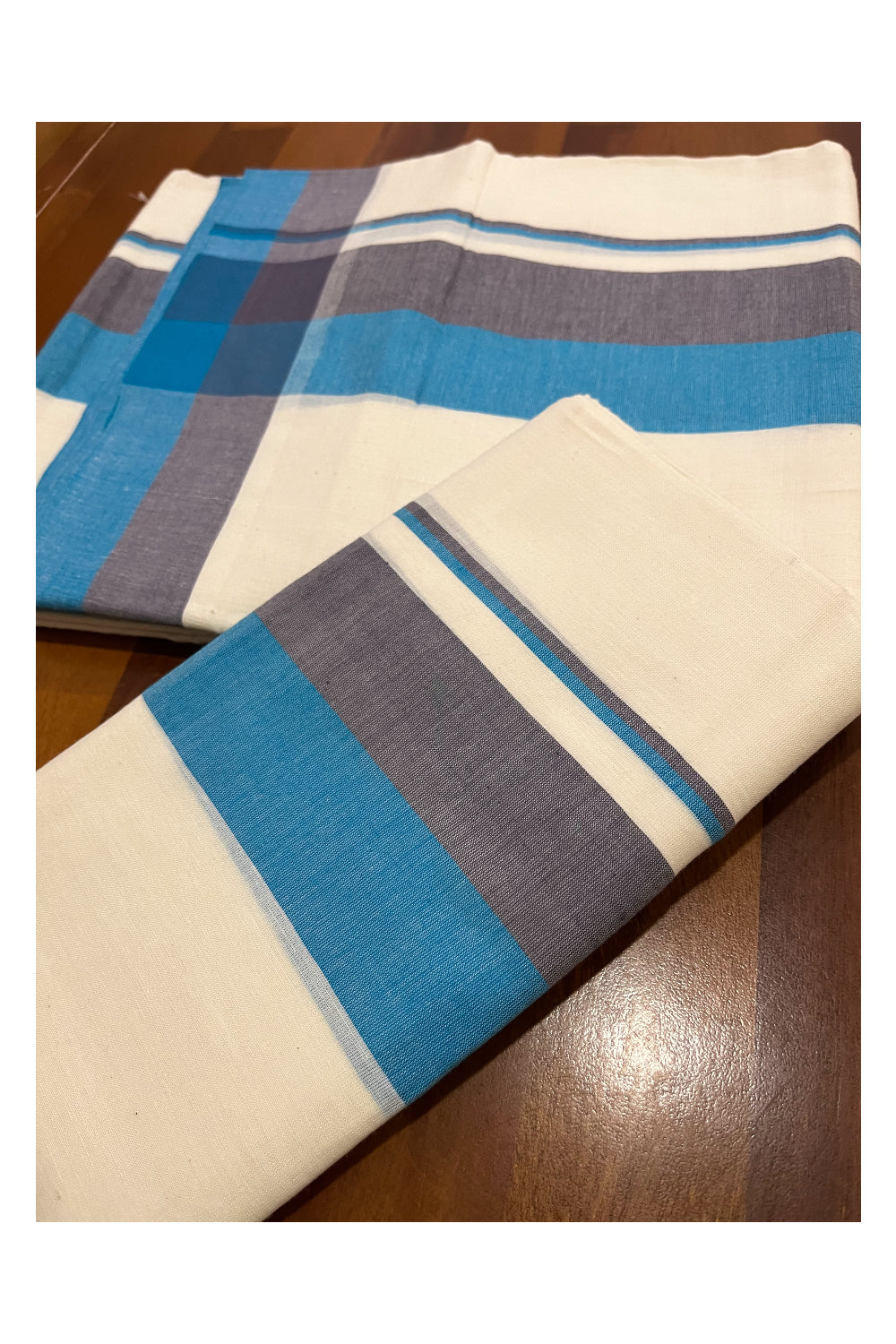 Pure Cotton Mundum Neriyathum Double (Set Mundu) with Blue and Grey Border