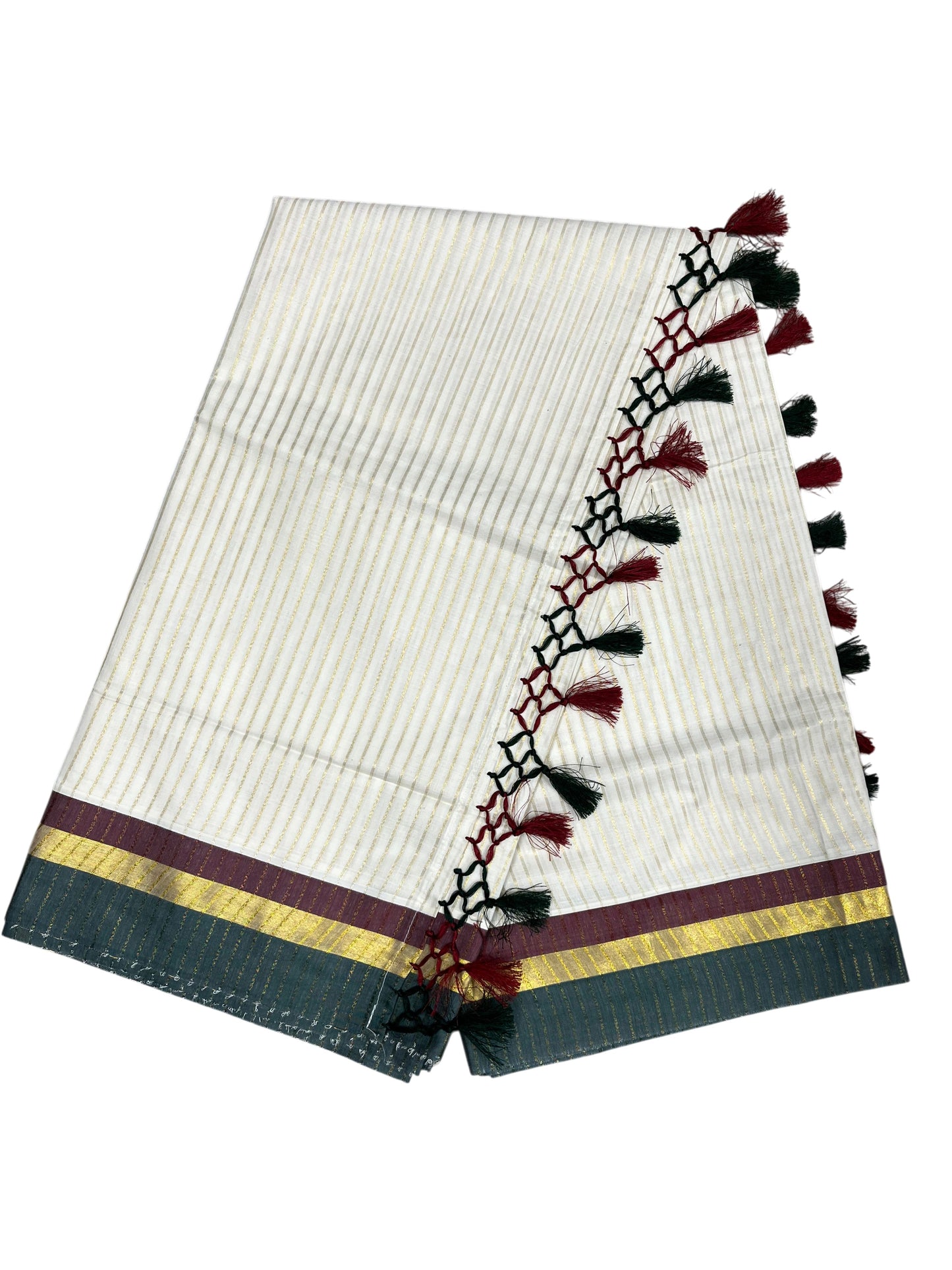 Southloom Cotton Kerala Kasavu Saree with Stripes on Body and Maroon &Green Border with Tussels (Copy)