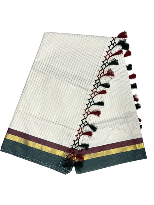 Southloom Cotton Kerala Kasavu Saree with Stripes on Body and Maroon &Green Border with Tussels (Copy)