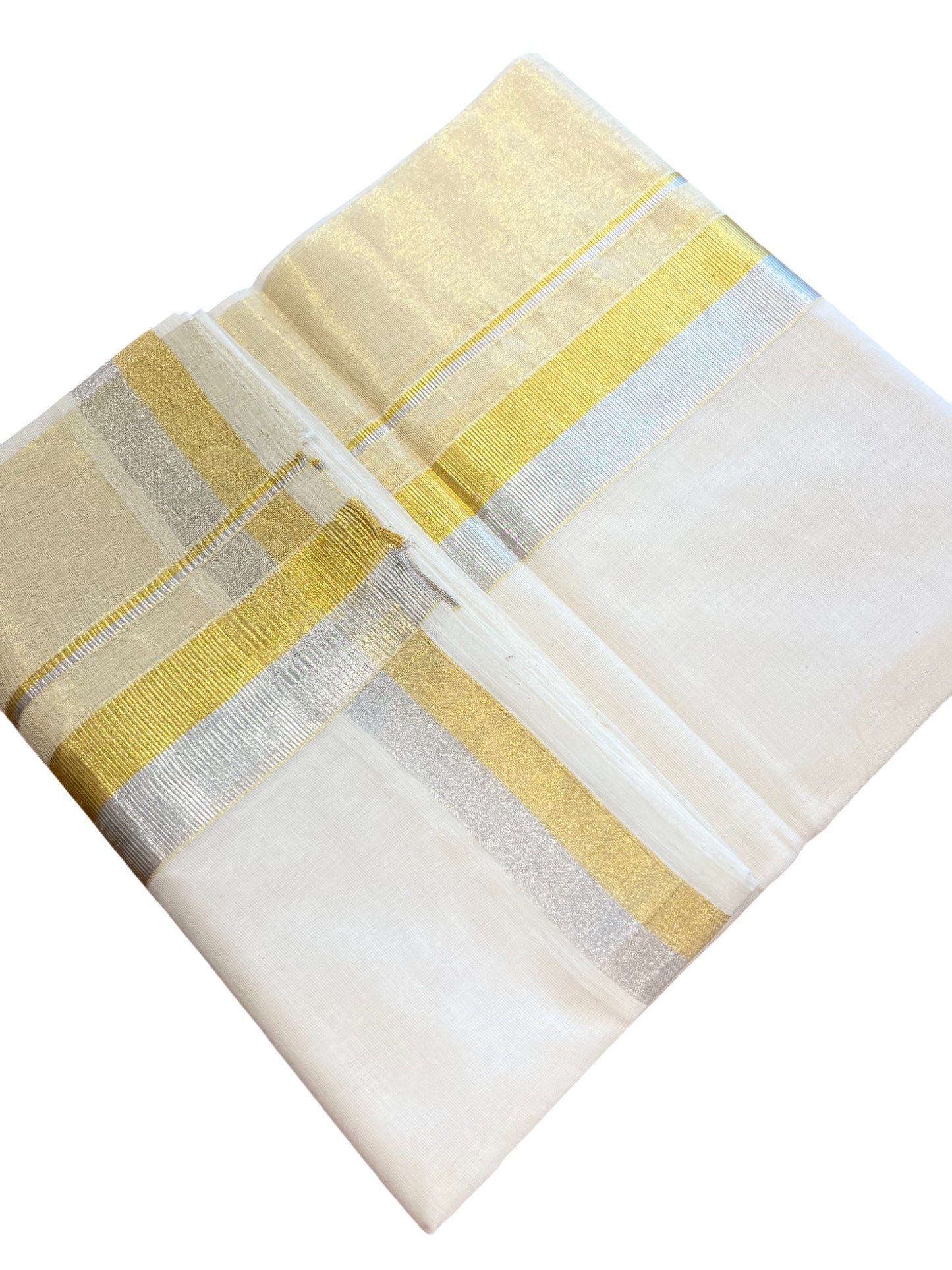 Southloom Premium Handloom Cotton Kasavu Double Mundu with Gold and Silver Border