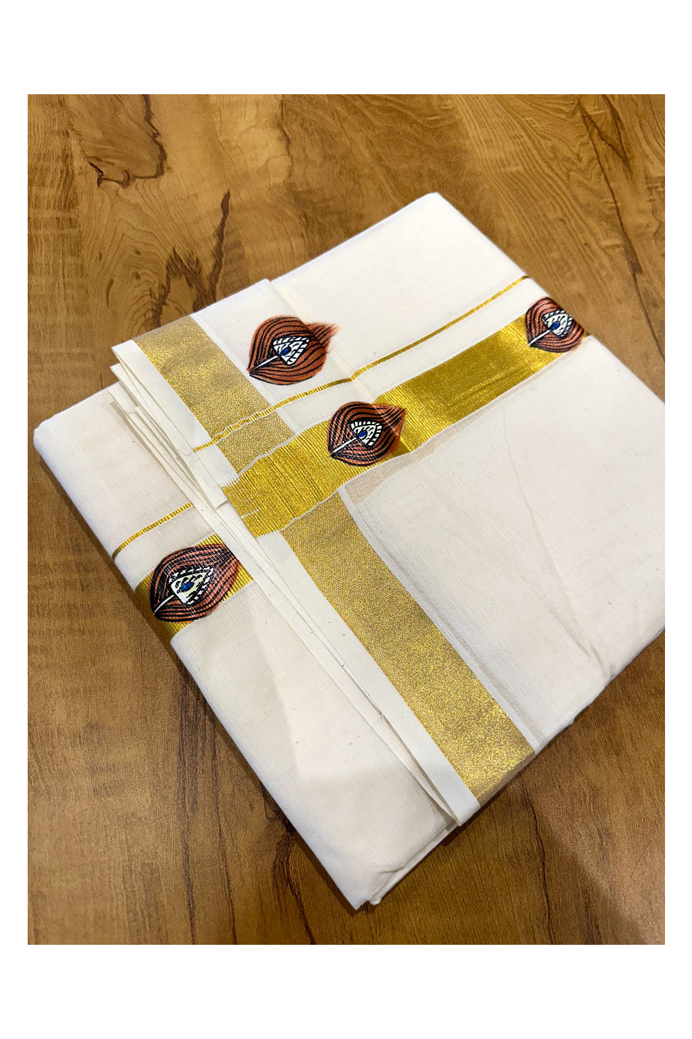 Off White Pure Cotton Double Mundu with Feather Mural Painted Design on Kasavu Kara (South Indian Dhoti)