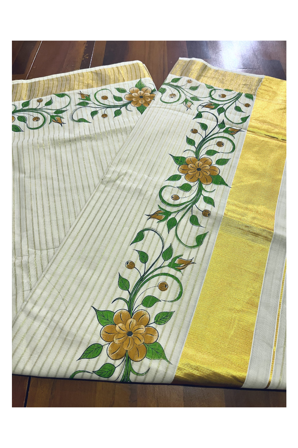 Pure Cotton Kerala Kasavu Lines Design and Brown Floral Block Printed Saree