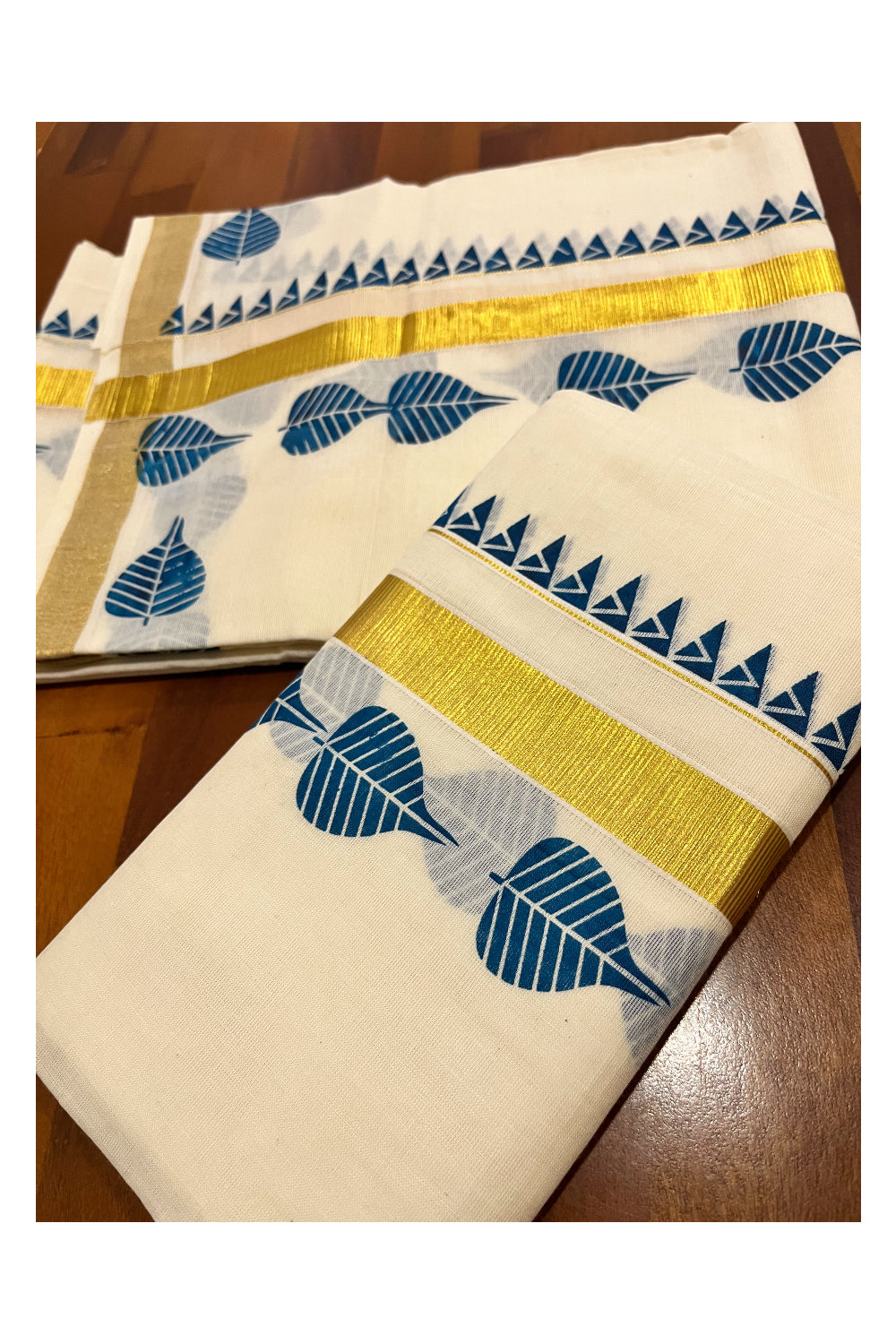 Kerala Pure Cotton Kasavu Set Mundu Single (Mundum Neriyathum) with Blue Block Prints and Temple Border 2.80 Mtrs