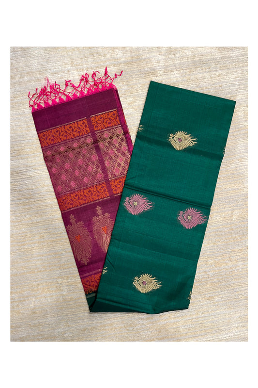 Southloom Pure Handloom Cotton Silk Saree With Handwoven Work Across Body and Blouse in Green And Magenta